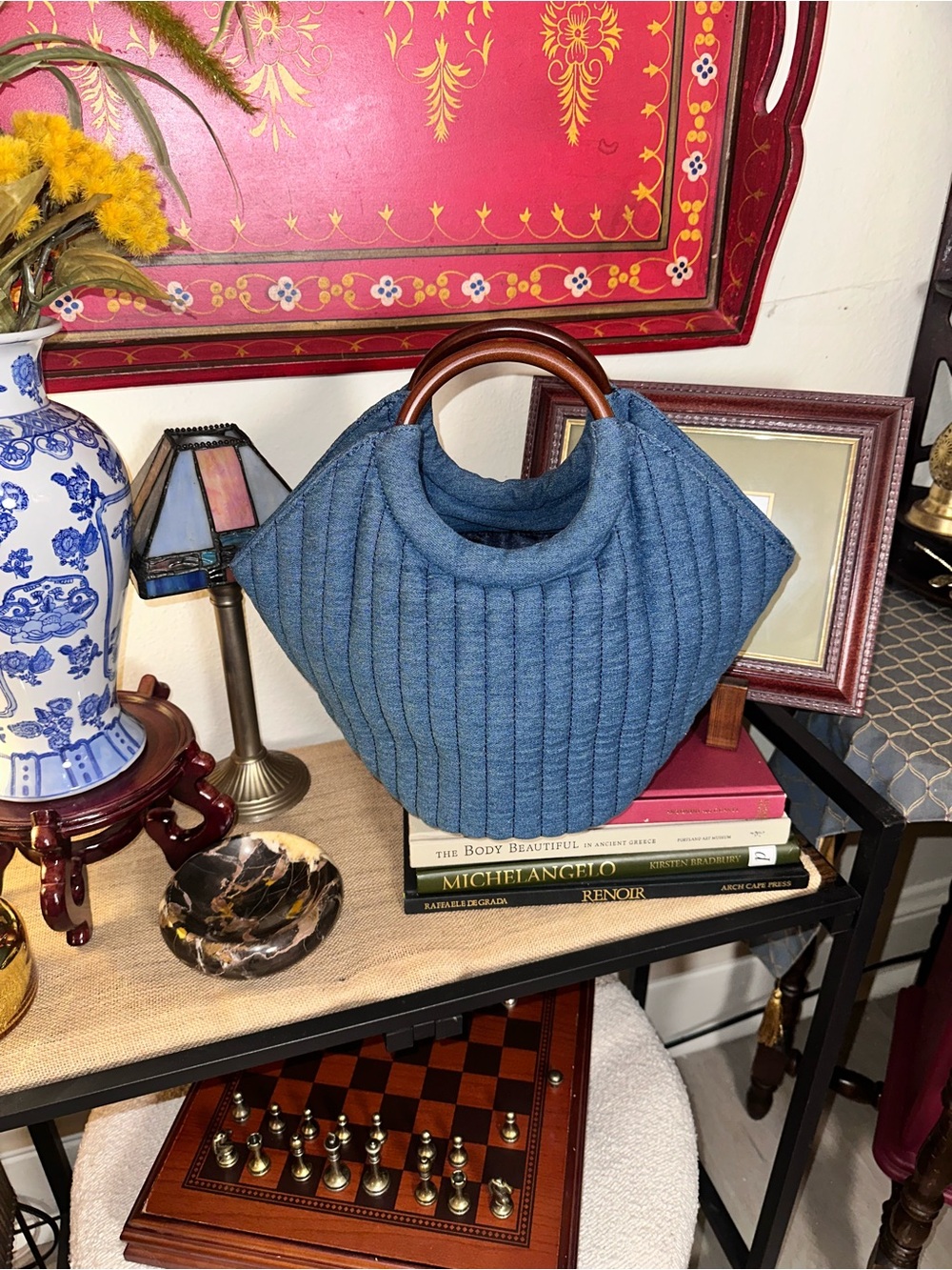 Draper James Quilted Denim-Blue Tote with Wooden Handles